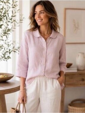notPERFECTLINEN Dusty Rose Linen Button-Up Blouse Small